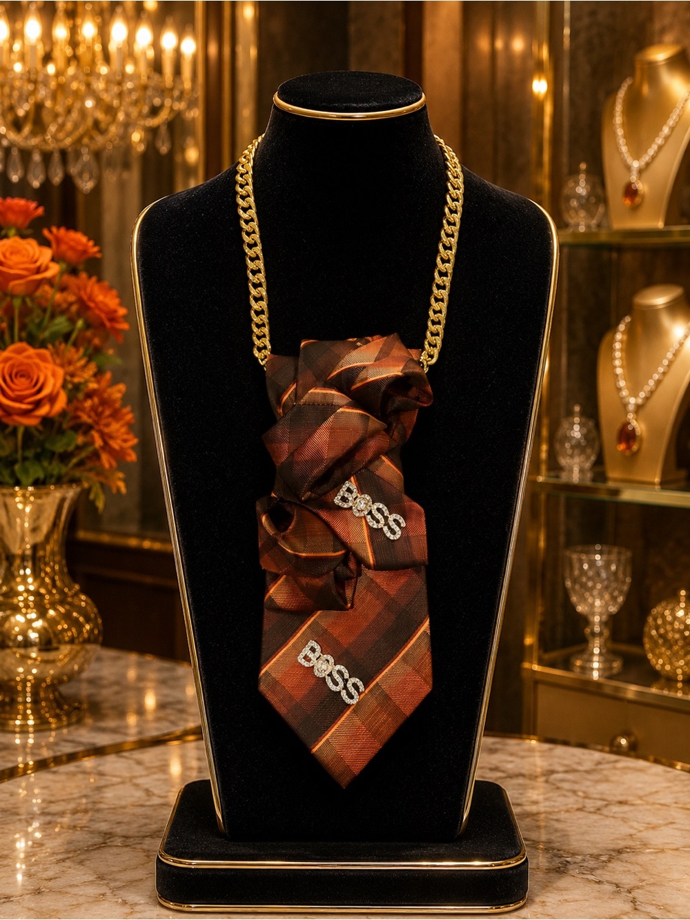 OOAK Handcrafted Brown Orange Gold BOSS Tie Necklace Wearable Art Statement NWOT